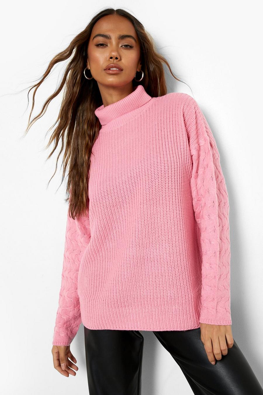 Bubblegum pink Mixed Stitch Cable Sleeve Sweater