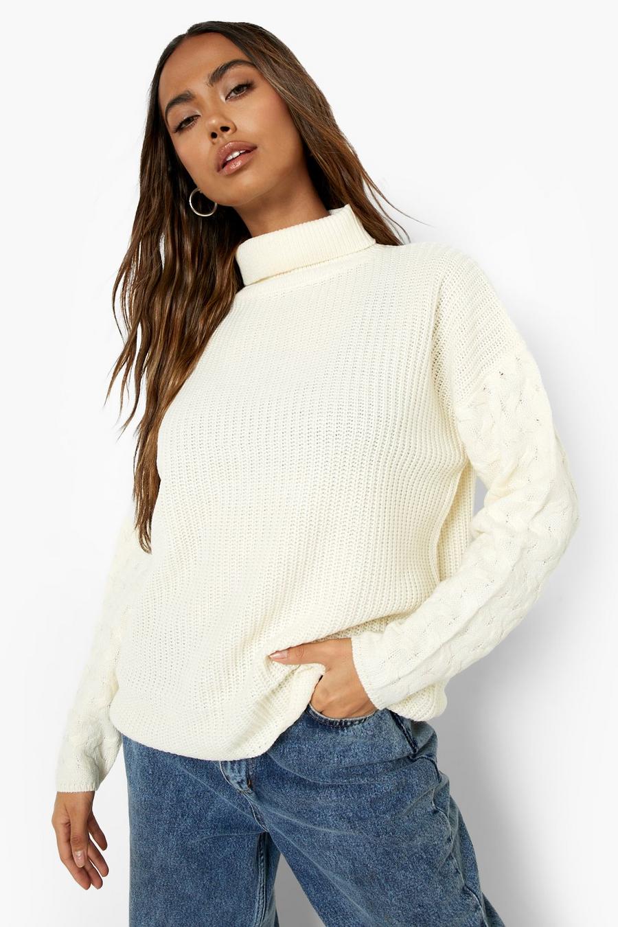 Ecru white Mixed Stitch Cable Sleeve Sweater