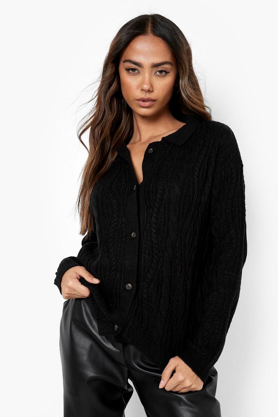 Black Cable Knit Collared Cardigan image number 1
