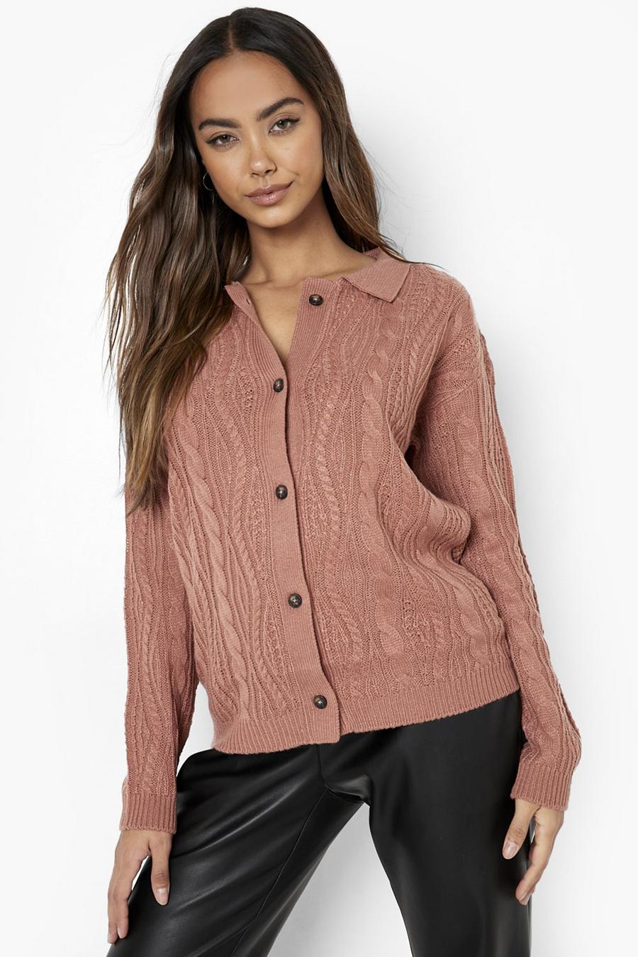 Terracotta Cable Knit Collared Cardigan image number 1