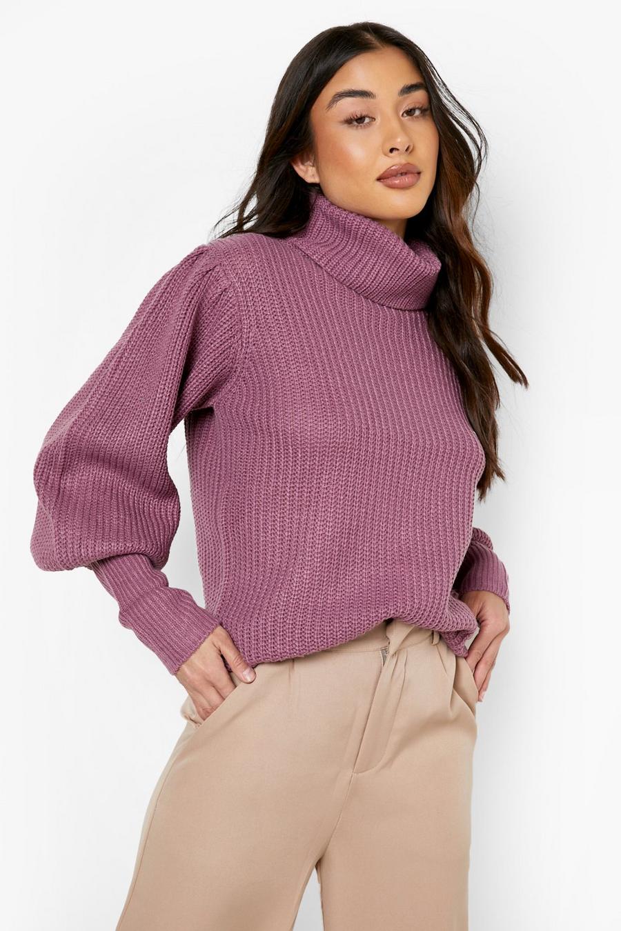 Grape purple Turtleneck Balloon Sleeve Sweater