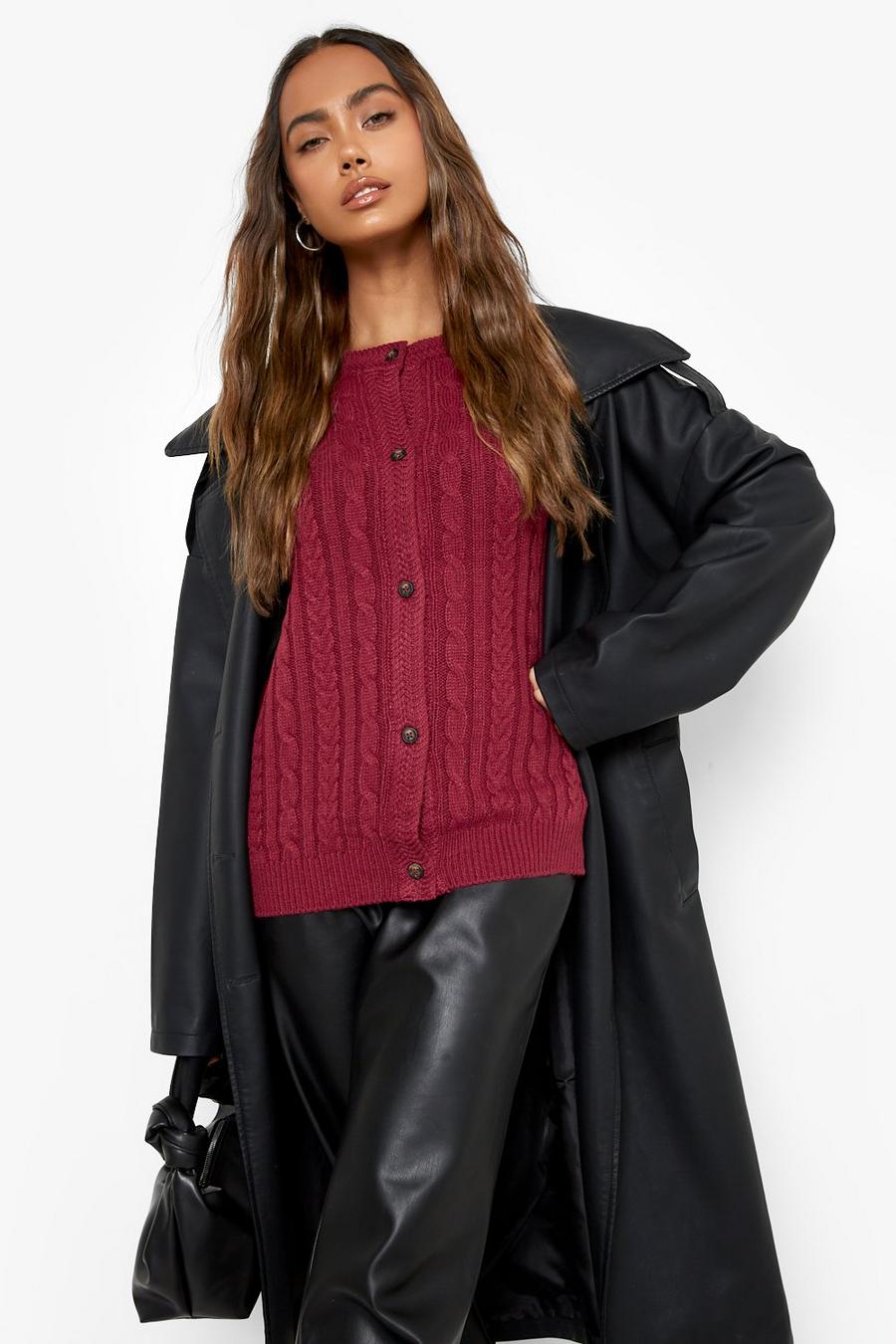 Berry Crew Neck Cable Knit Cardigan image number 1