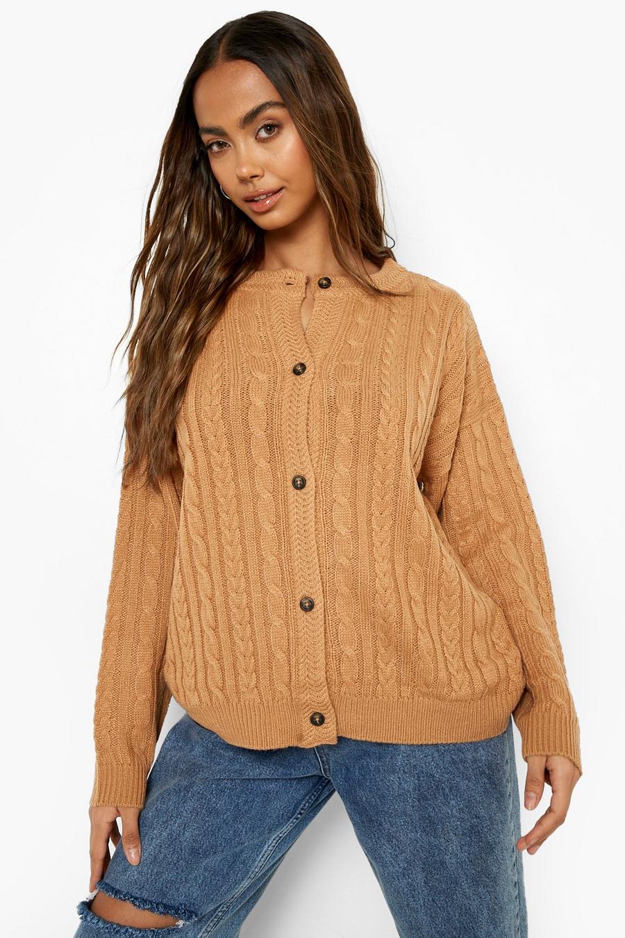 Camel Crew Neck Cable Knit Cardigan image number 1