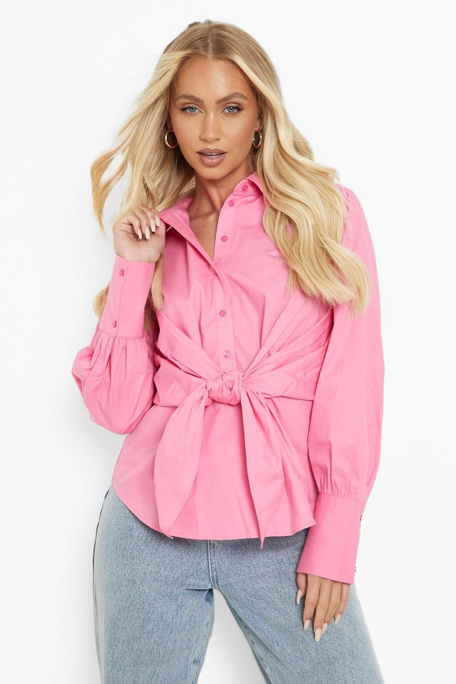 Camisa con atadura en la cintura, Hot pink image number 1