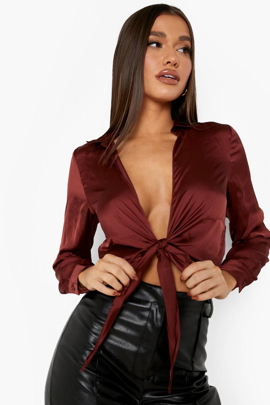 Chocolate Satin Tie Front Shirt image number 1