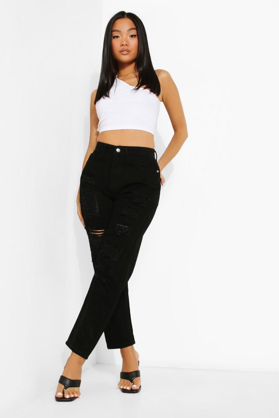 Black Petite High Rise Extreme Ripped Mom Jeans image number 1