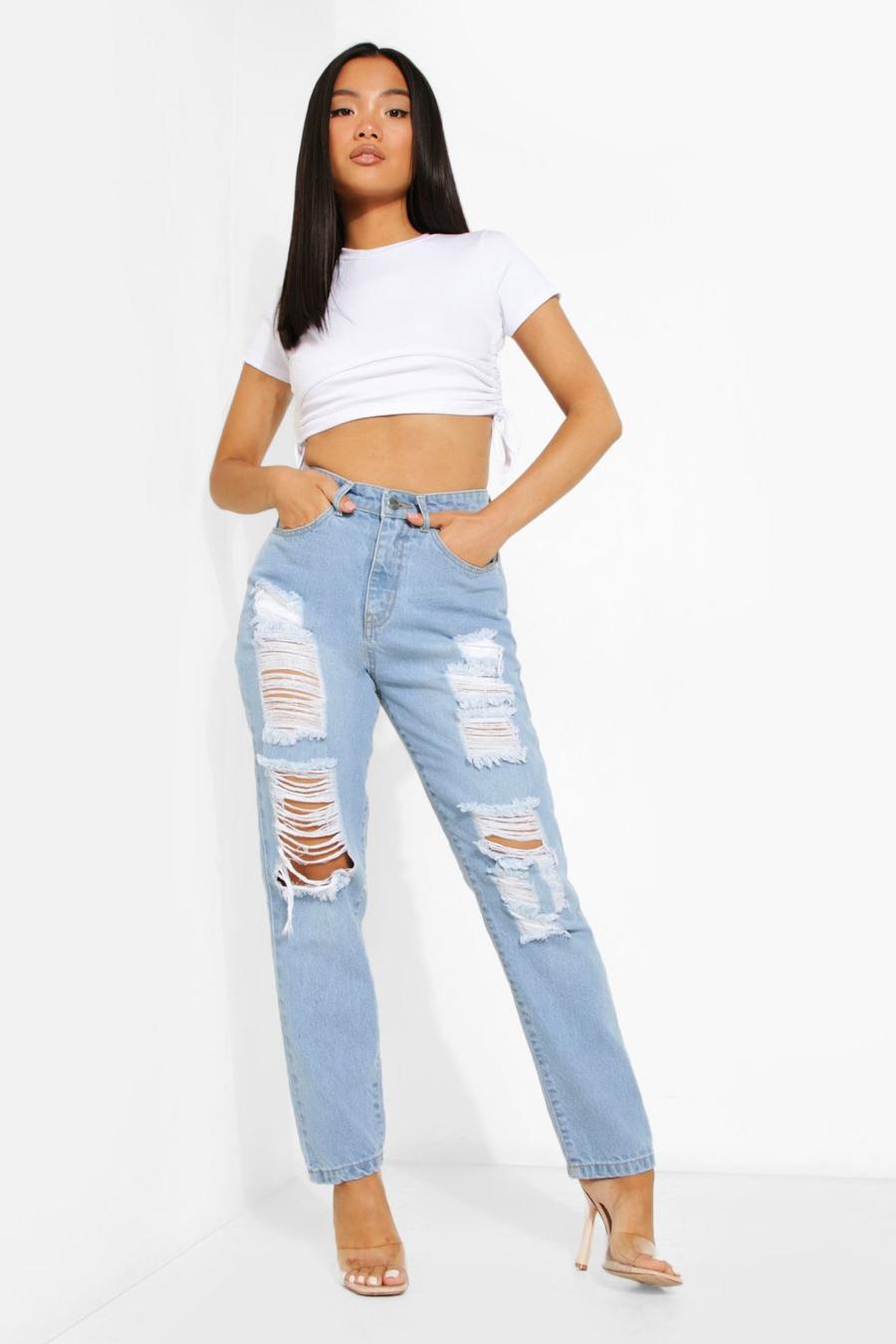 Bleach wash Petite Extreem Gescheurde High Rise Mom Jeans image number 1