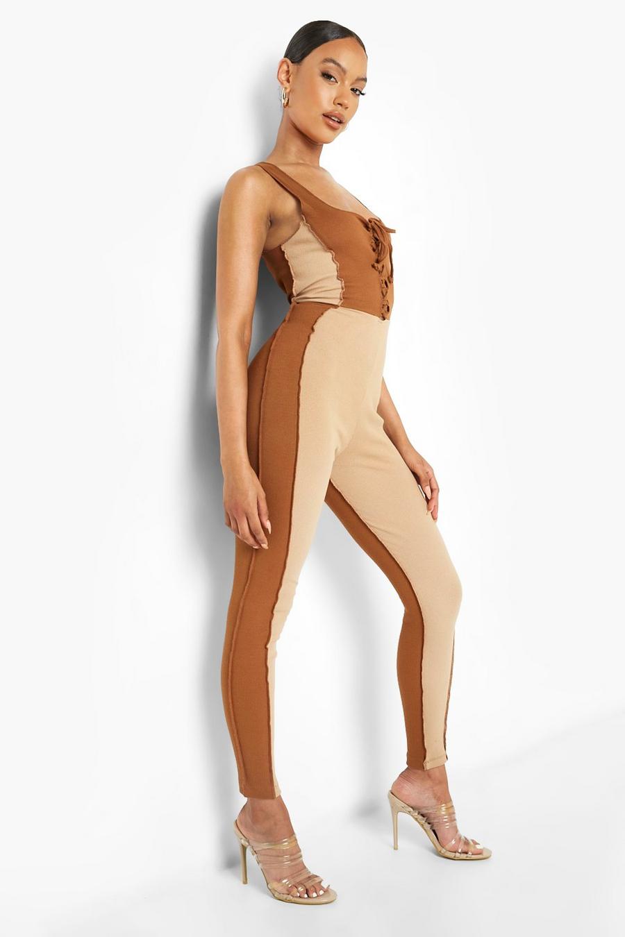 Camel Lace Up Contrast Rib Jumpsuit image number 1