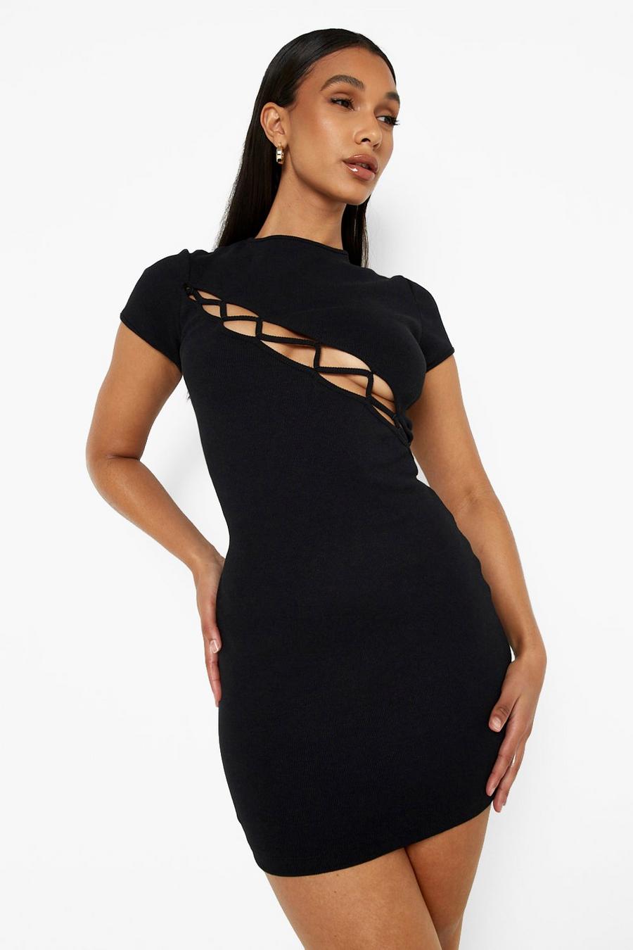 Black Premium Rib Lace Up Contrast Seam Mini Dress image number 1