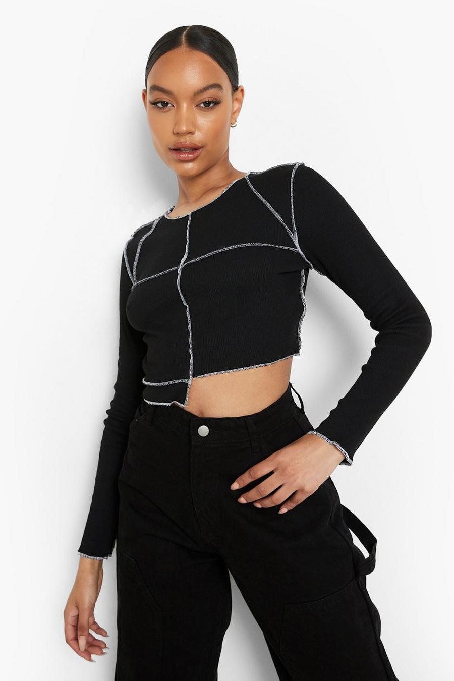 Black Contrast Seam Panelled Ribbed Top image number 1