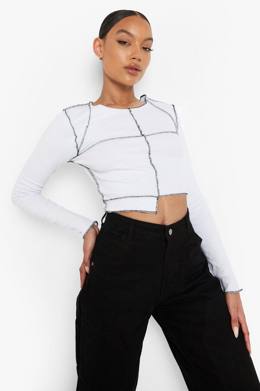 White Contrast Seam Panelled Ribbed Top image number 1