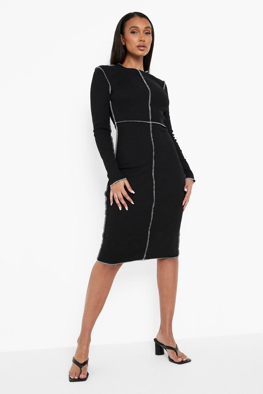 Black Contrast Seam Premium Rib Midi Dress image number 1