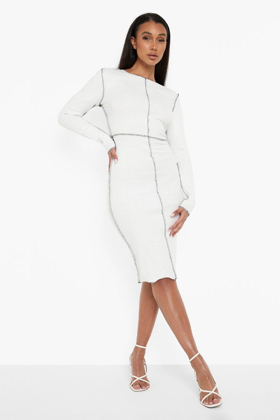White Contrast Seam Premium Rib Midi Dress image number 1