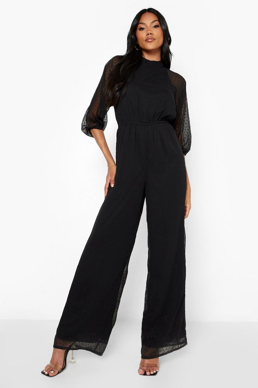 Black Dobby 3/4 Puff Sleeve Strappy Back Jumpsuit image number 1
