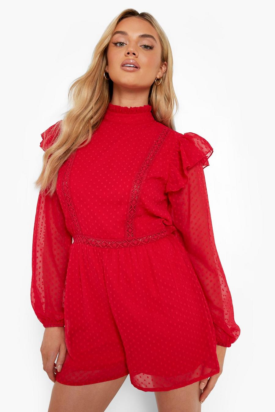 Red Dobby High Neck Frill Detail Playsuit image number 1