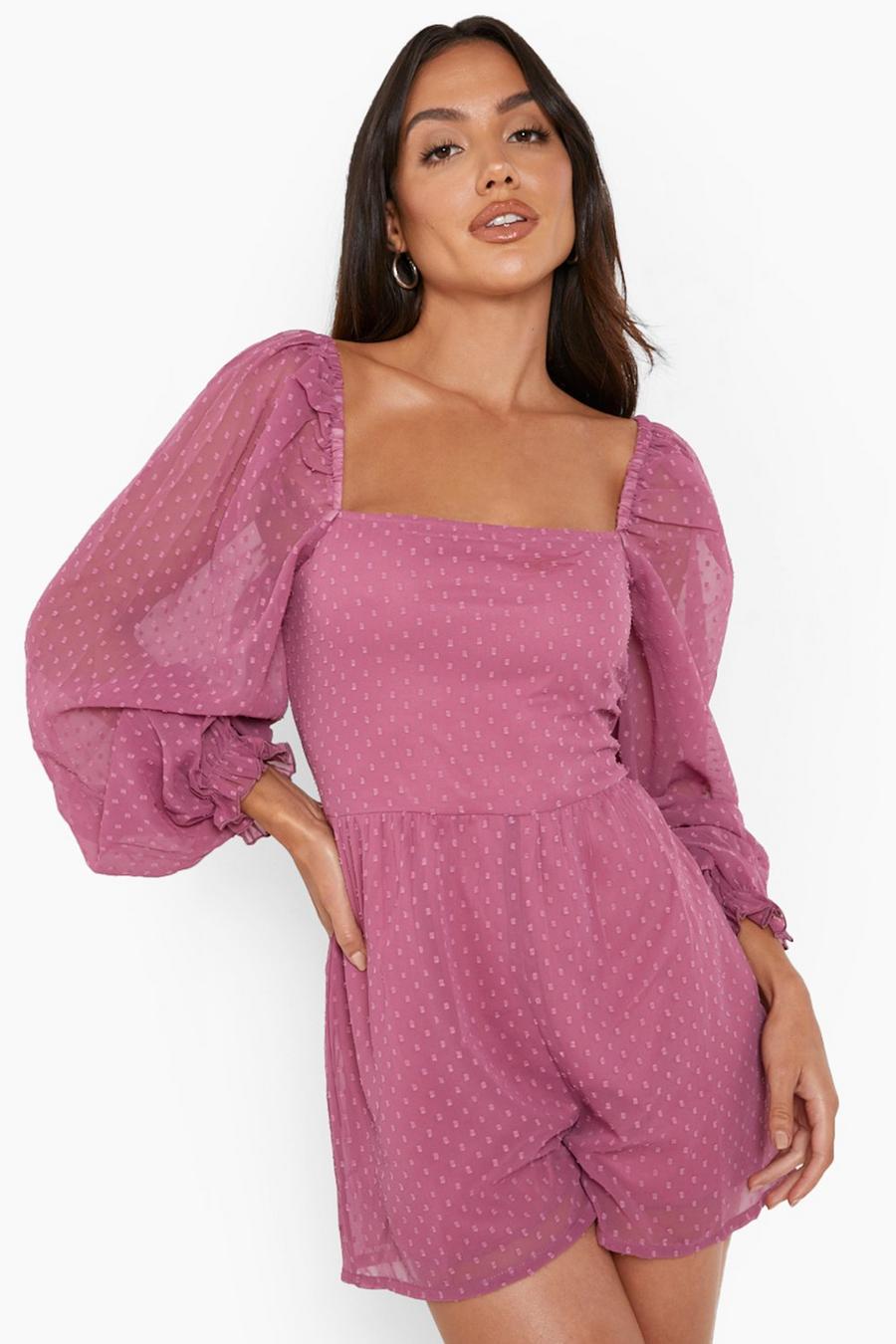 Rose pink Dobby Square Neck Long Sleeve Playsuit