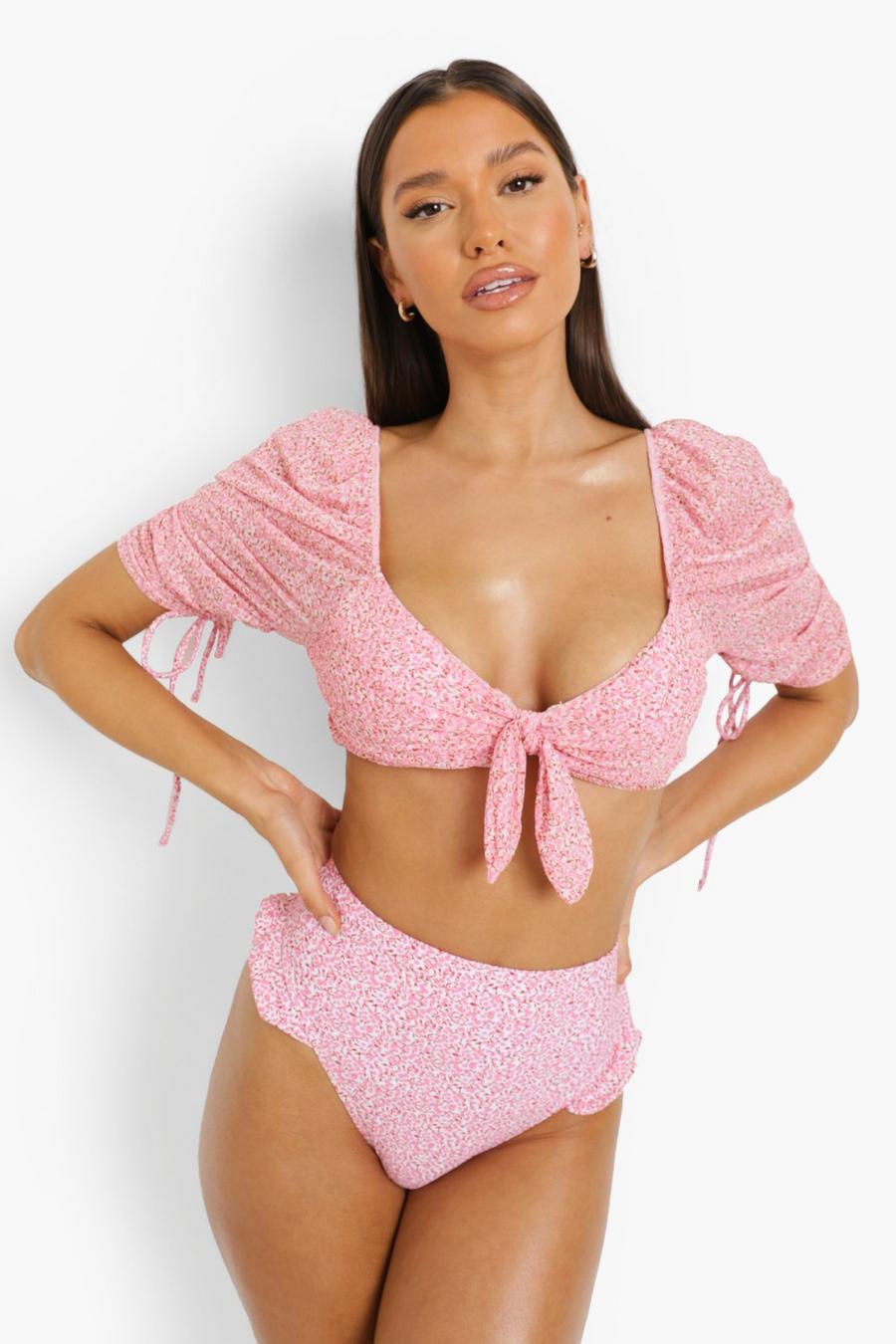 Pink Floral Frill Detail High Waist Bikini Brief image number 1
