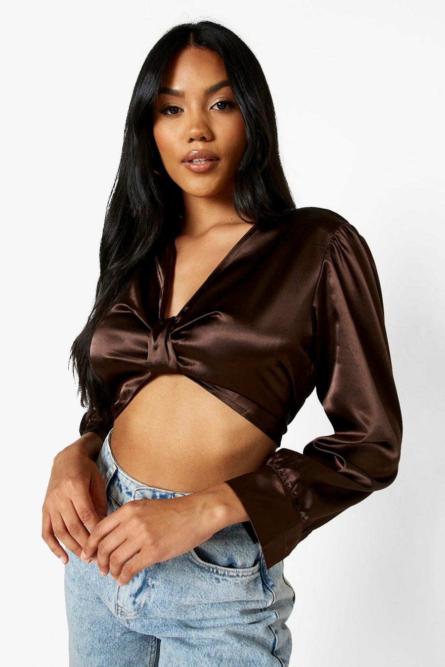 Chocolate Bow Front Crop Satin Top image number 1