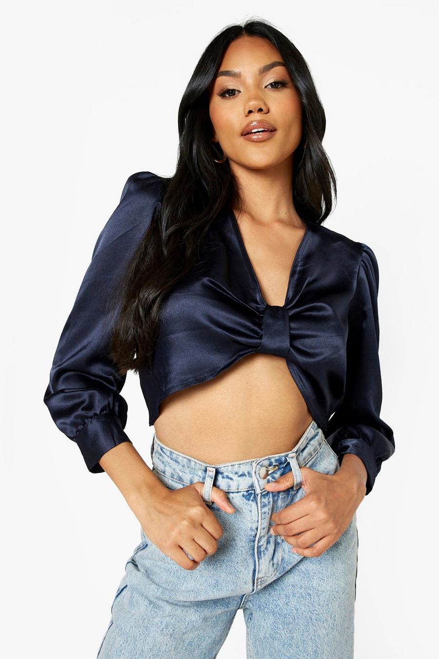 Navy Bow Front Crop Satin Top image number 1