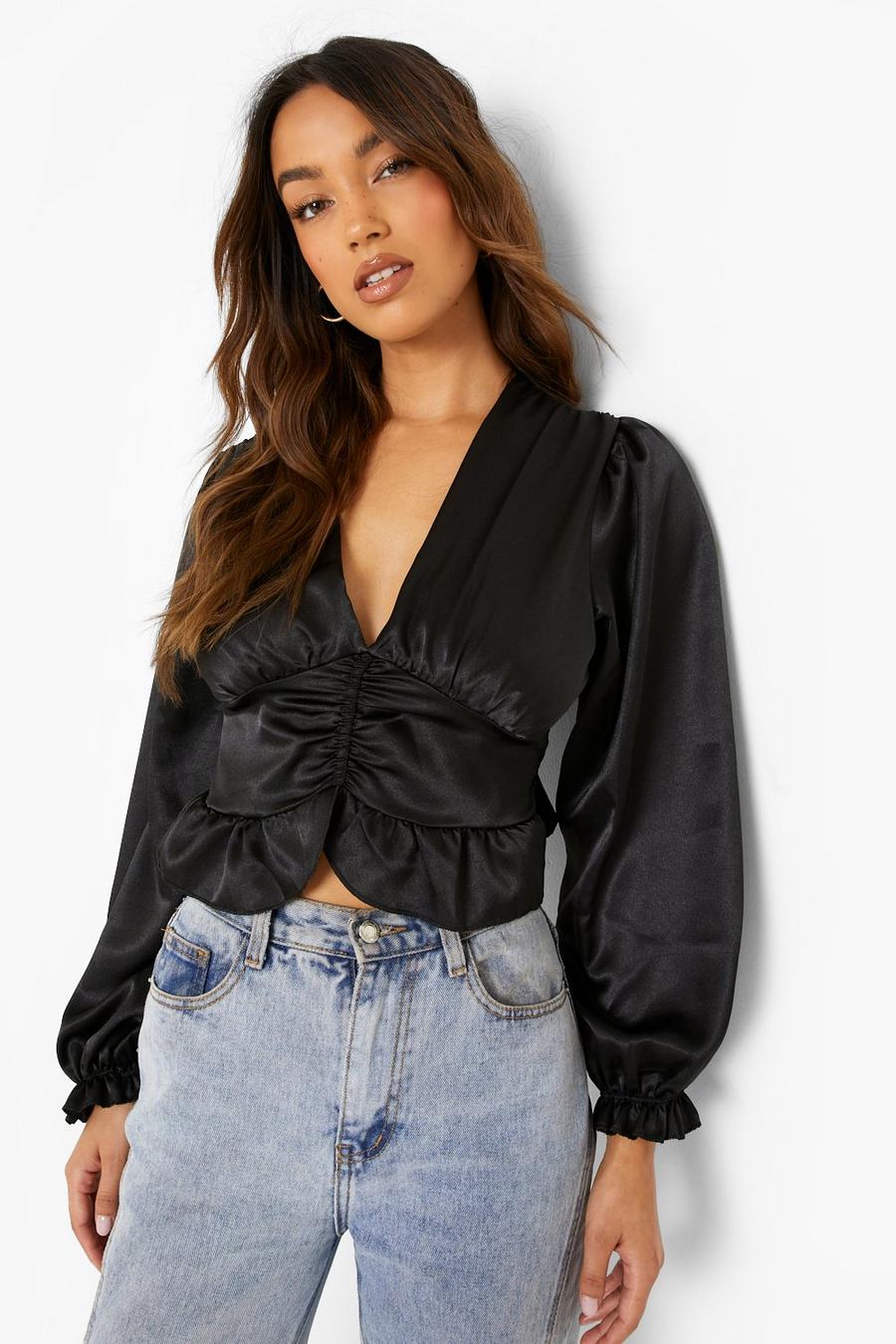 Black Ruched Detail Puff Sleeve Satin Top image number 1