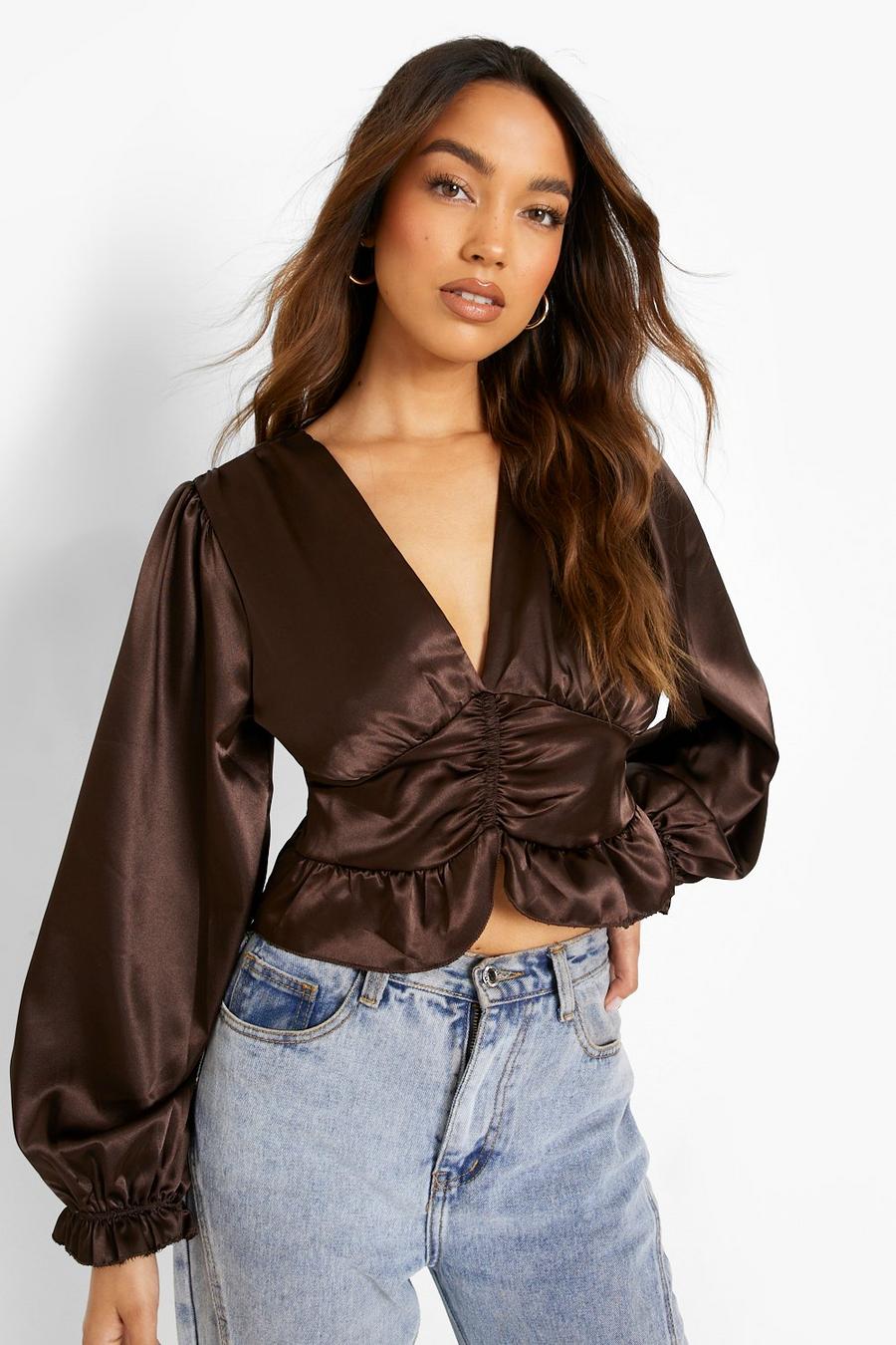 Chocolate Ruched Detail Puff Sleeve Satin Top image number 1
