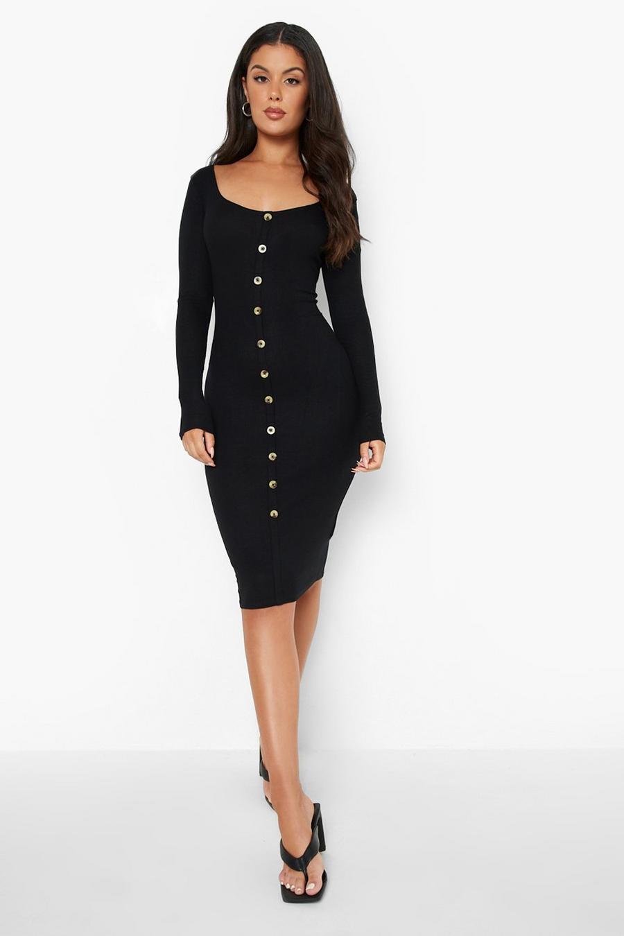 Black Button Down Scoop Neck Bodycon Dress image number 1