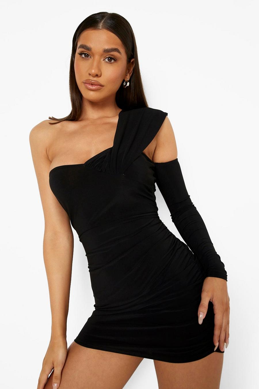 Black One Shoulder Ruched Mini Dress image number 1