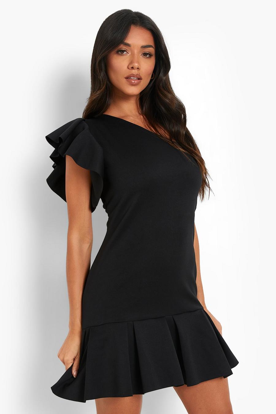 שחור שמלת מיני One Shoulder עם קפלים רחבים במיוחד image number 1