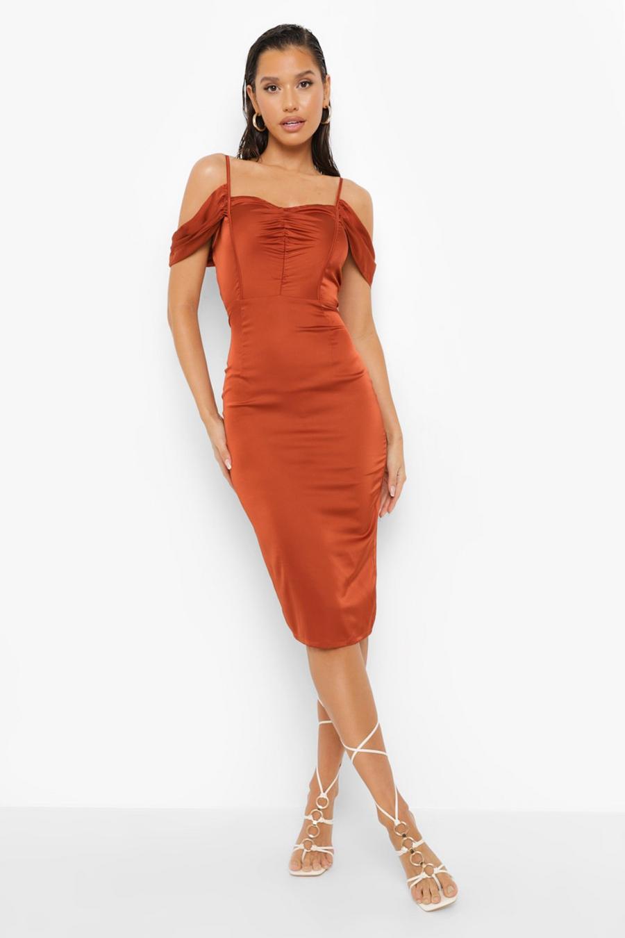 Terracotta Satin Ruched Detail Midi Dress image number 1