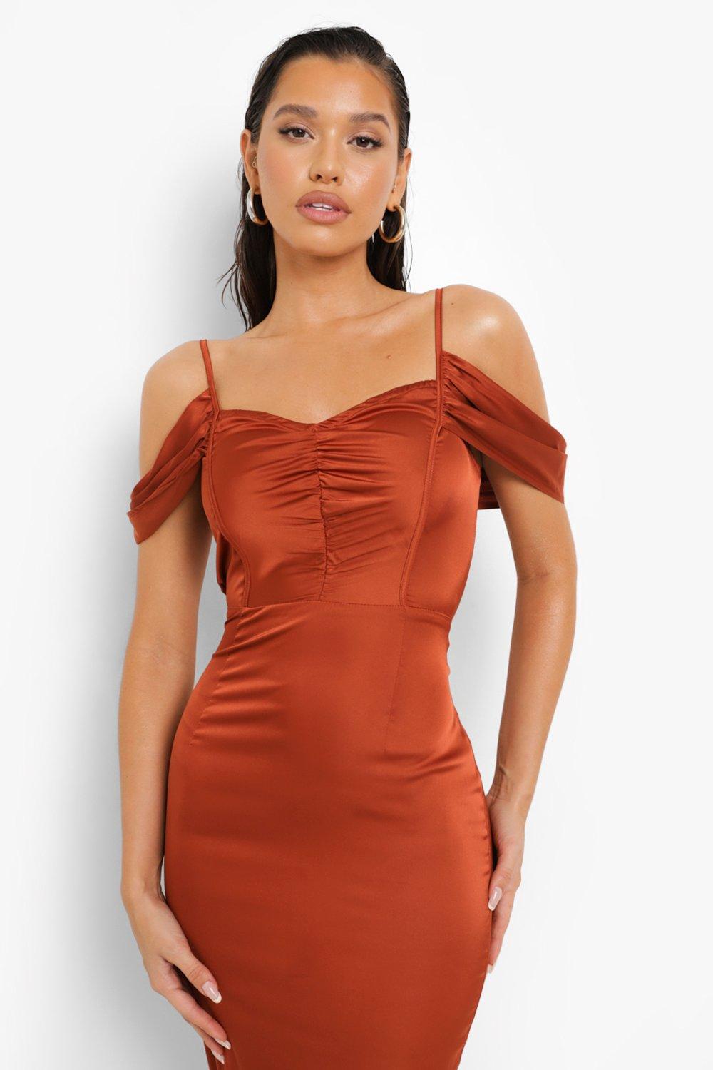 Femme Luxe satin ruched strappy midi dress in orange