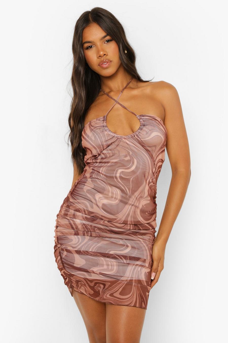 שוקולד שמלת מיני עם הדפס שיש וצווארון קולר image number 1