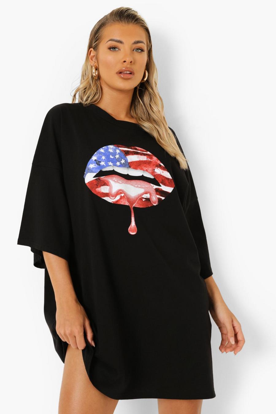 שחור שמלת טישרט עם הדפס שפתיים בצבעי דגל ארה"ב  image number 1