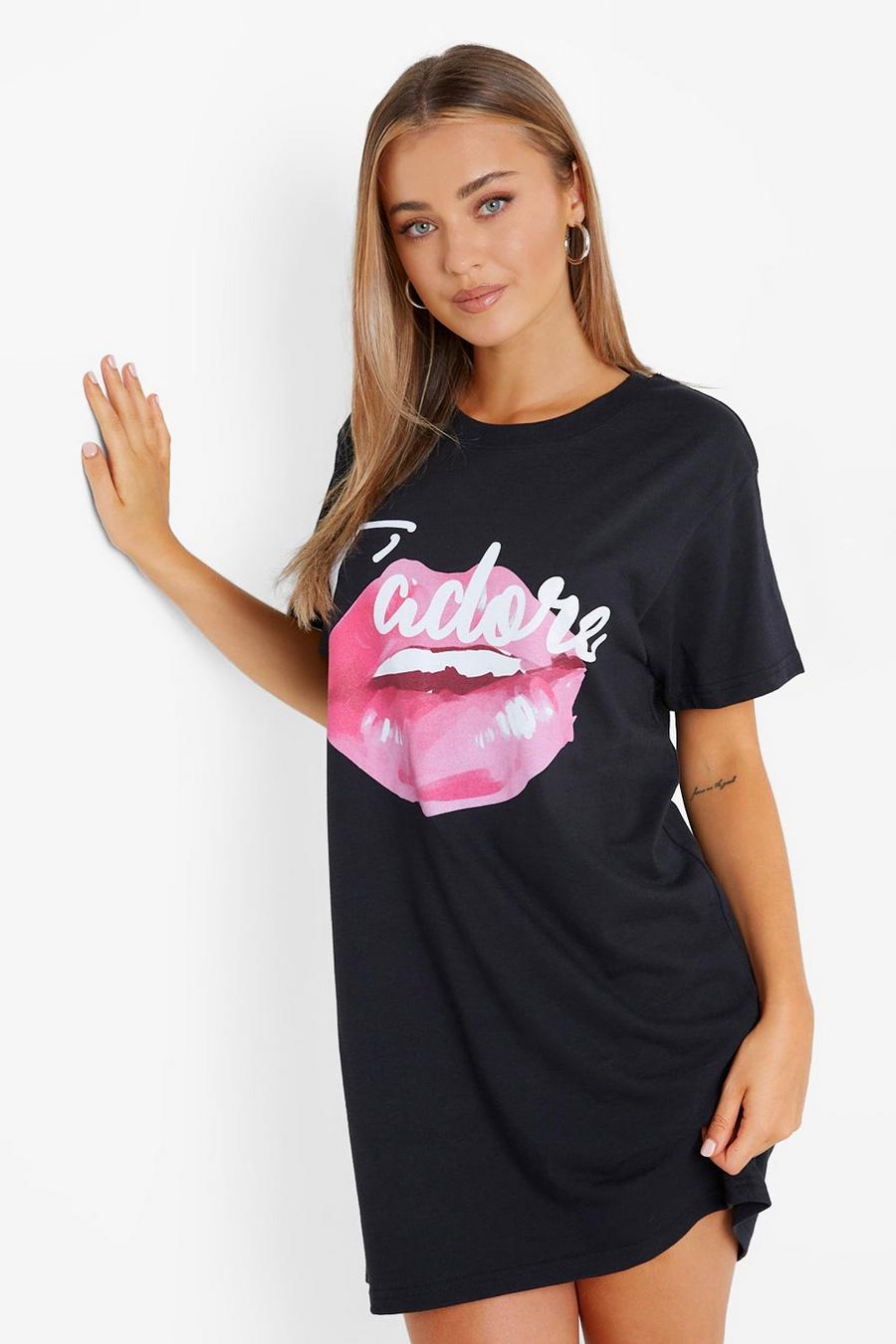 Black J'adore Lip Print T Shirt Dress image number 1