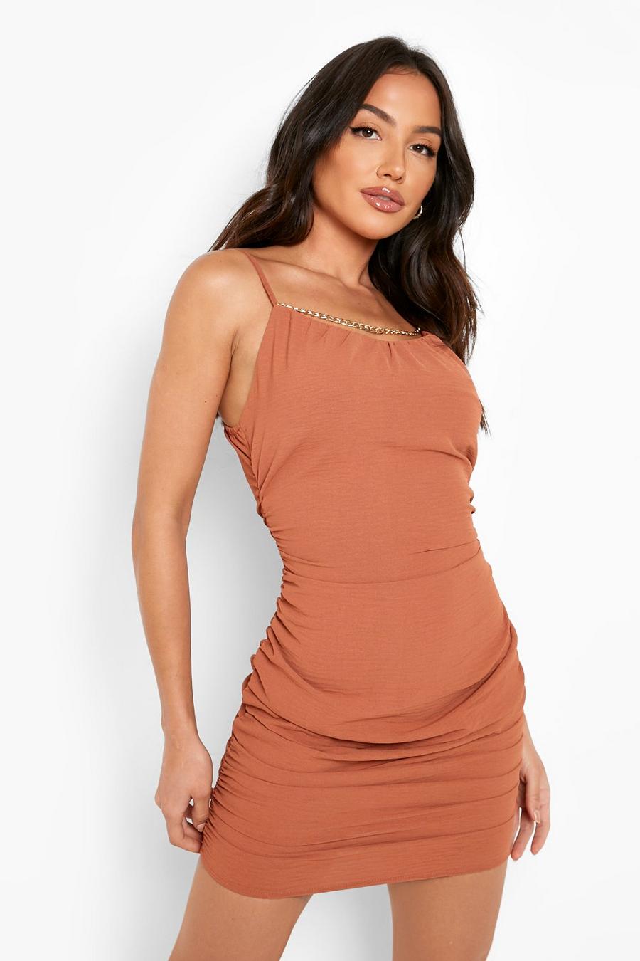 Terracotta Ruched Neck Strappy Mini Dress image number 1