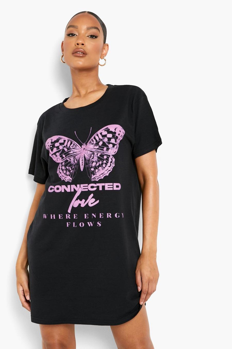 Black Butterfly Print T Shirt Dress image number 1