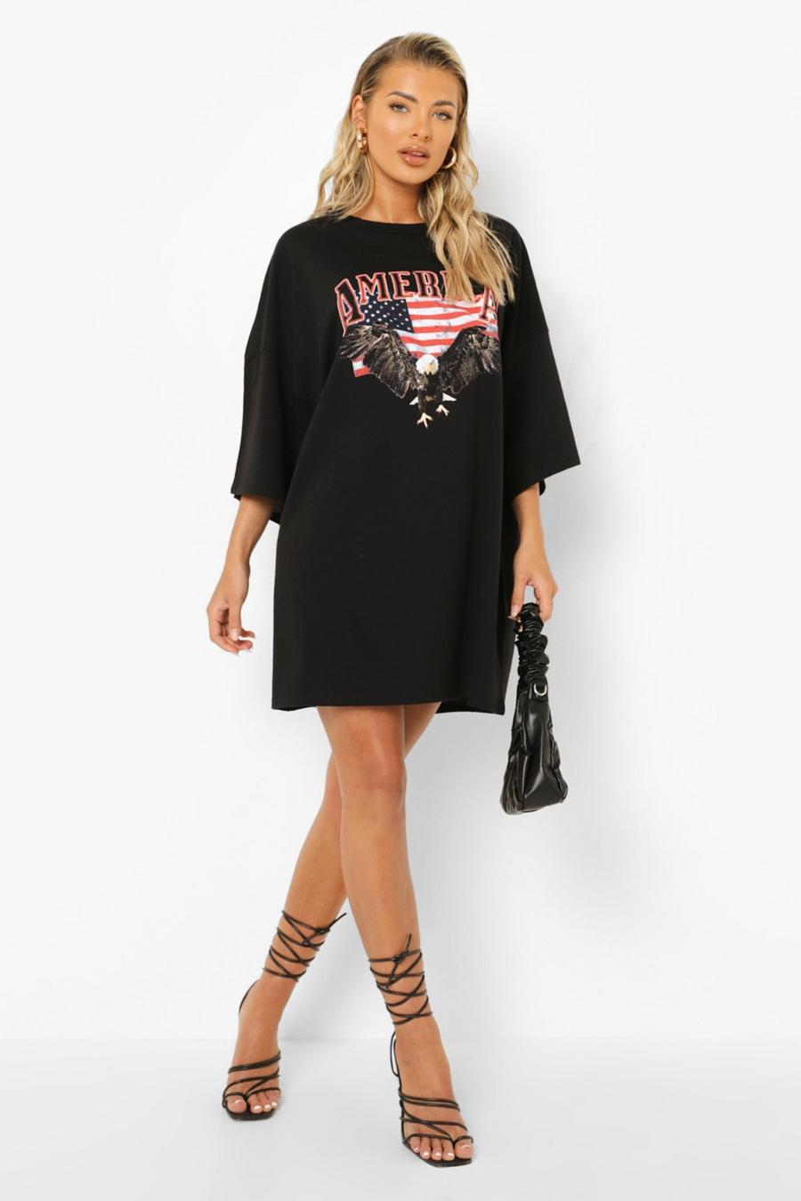 Oversize T-Shirt-Kleid mit America Adler-Print, Black image number 1
