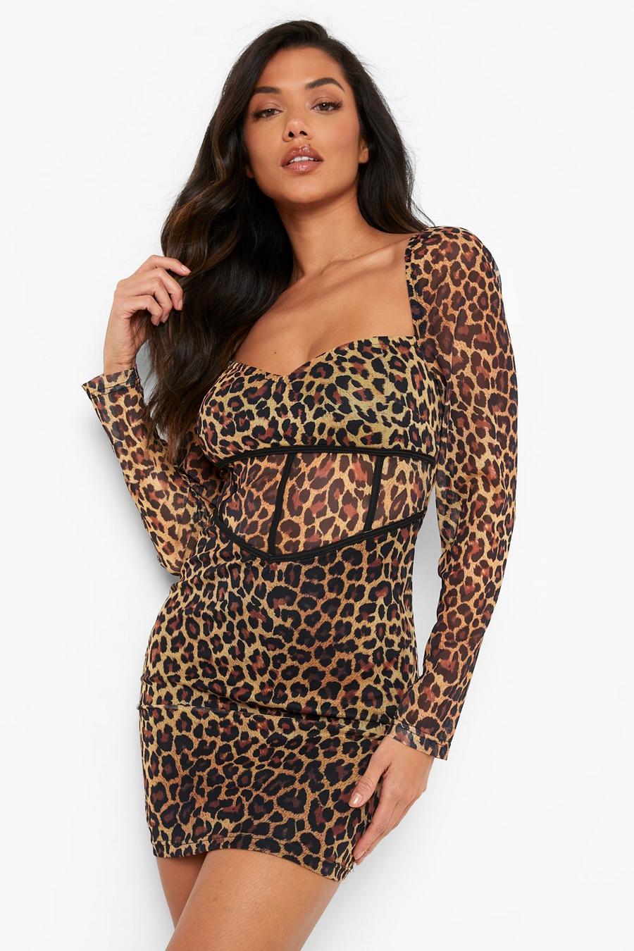 Brown Leopard Print Corset Detail Mini Dress image number 1
