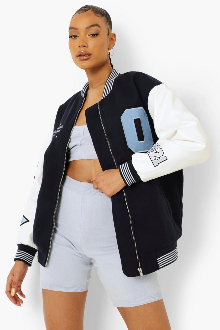 Sunisery Women Varsity Baseball Jackets Faux Leather Long Sleeve Zip Up  Cropped Bomber Jacket Coat Aesthetic Jackets Top Dark Blue S 