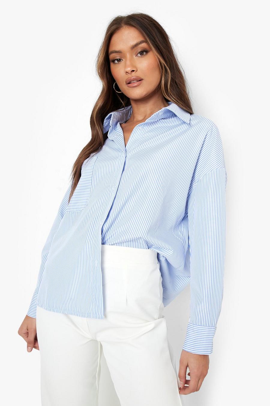 Blue Oversized Puff Sleeve Stripe Shirt image number 1