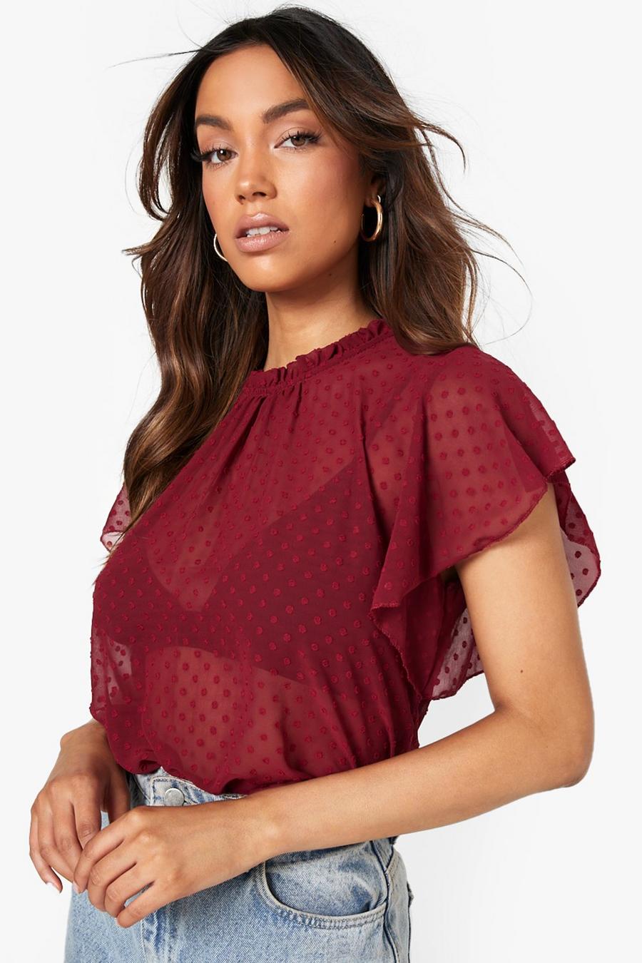 Berry Frill Neck Dobby Mesh Top image number 1