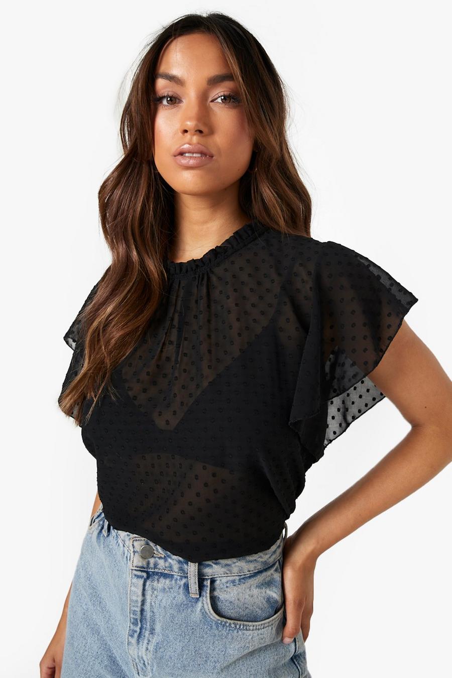 Black Frill Neck Dobby Mesh Top image number 1