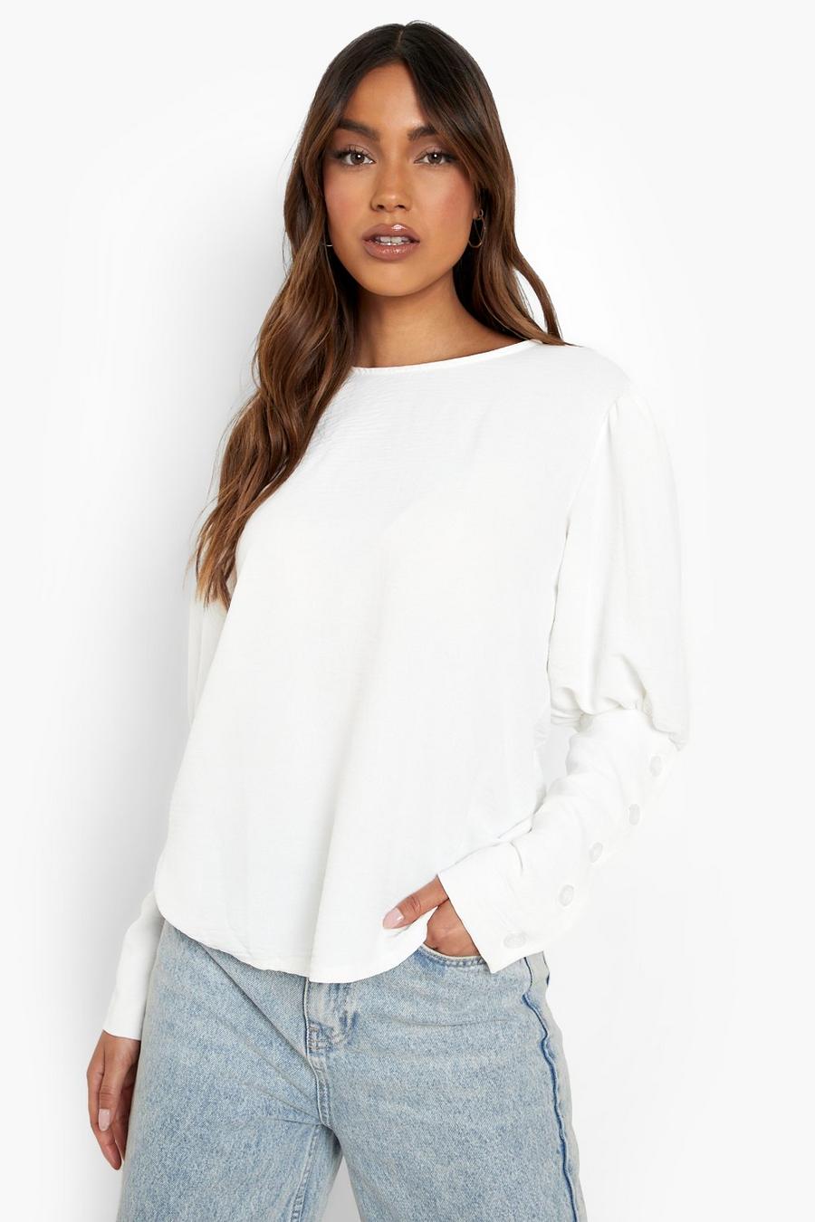White Volume Sleeve Button Detail Smock Top image number 1