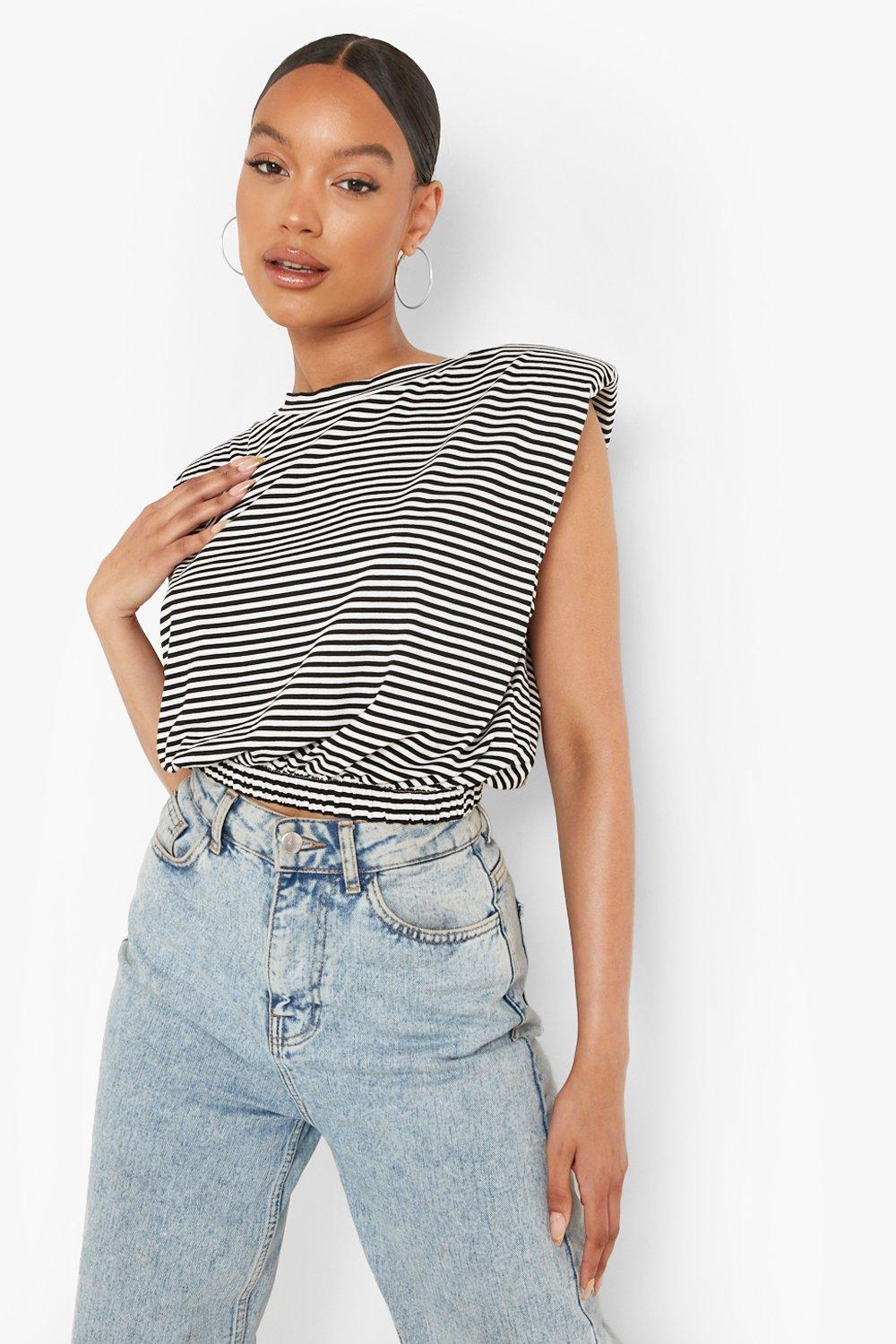 Stripe Shoulder Elastic Shirt | boohoo
