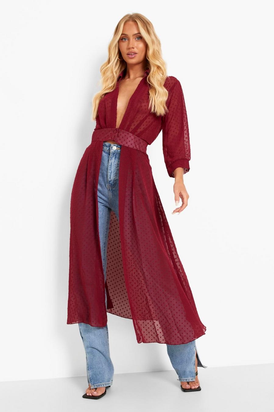 Berry Dobby Mesh Button Maxi Shirt image number 1
