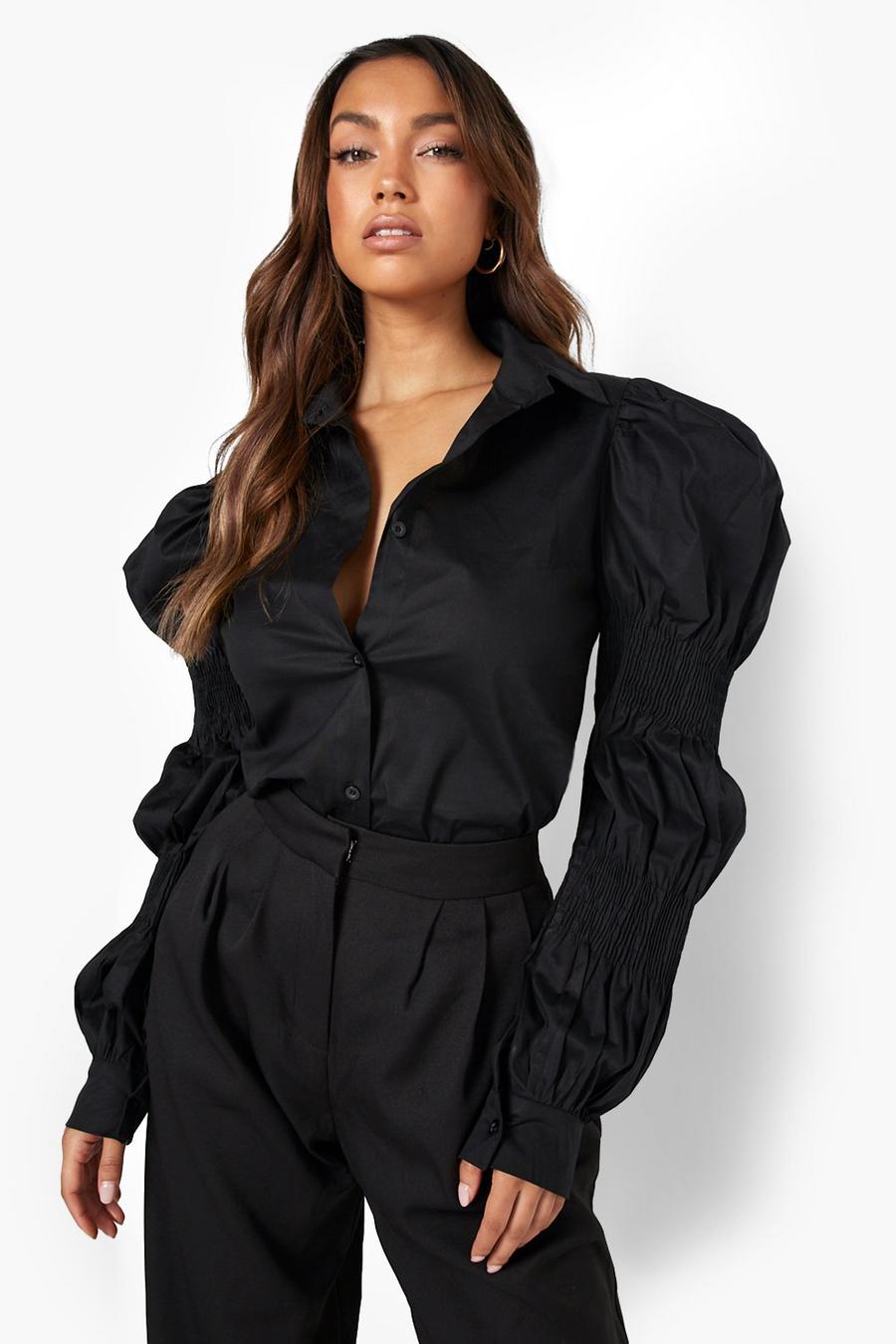 Black Oversized Puff Sleeve Ruched Detail Shirt image number 1