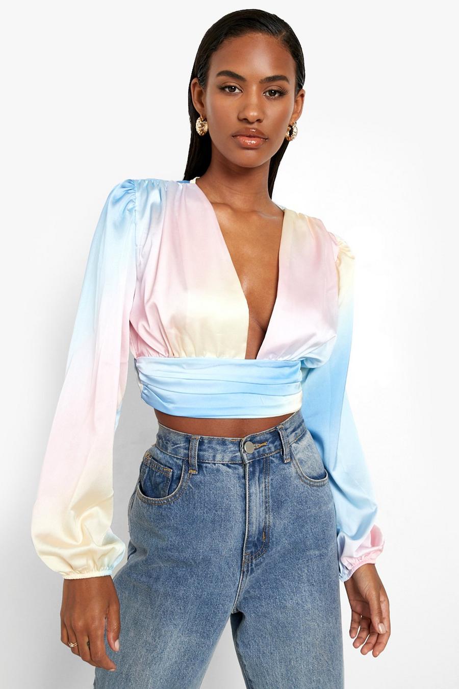 Pale pink Ombre Satin Puff Sleeve Crop Top image number 1