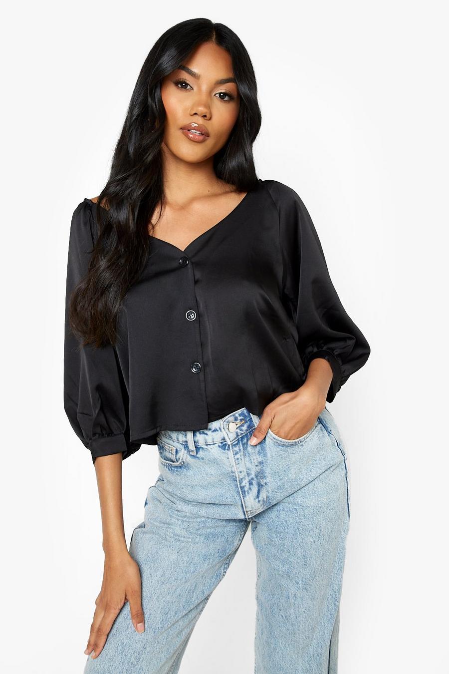 Black Satin Volume Sleeve Blouse image number 1