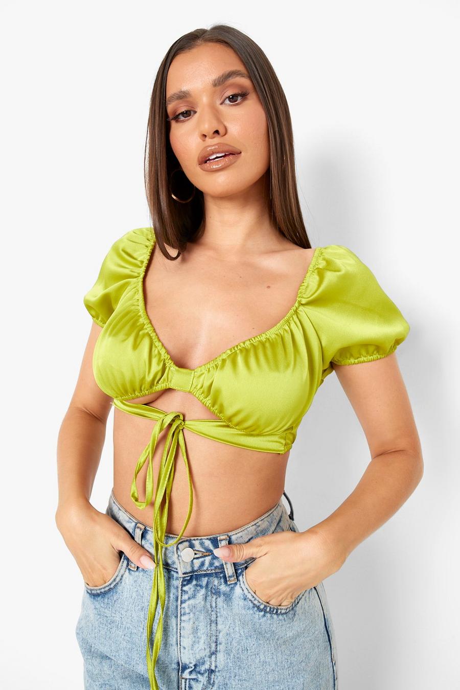 Chartreuse Satin Puff Sleeve Tie Front Crop Top image number 1