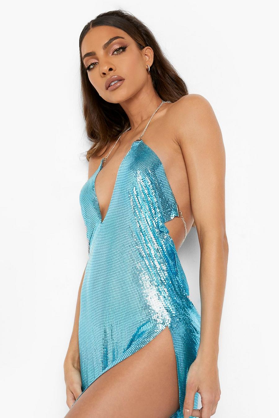 Baby blue Halter Plunge Front Chainmail Mini Dress image number 1
