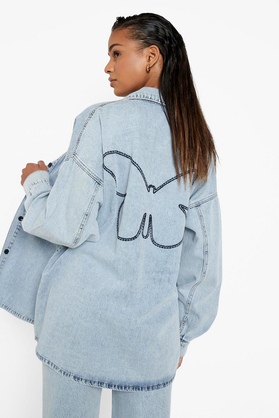 Ice blue Butterfly Embroidered Oversized Denim Shirt image number 1